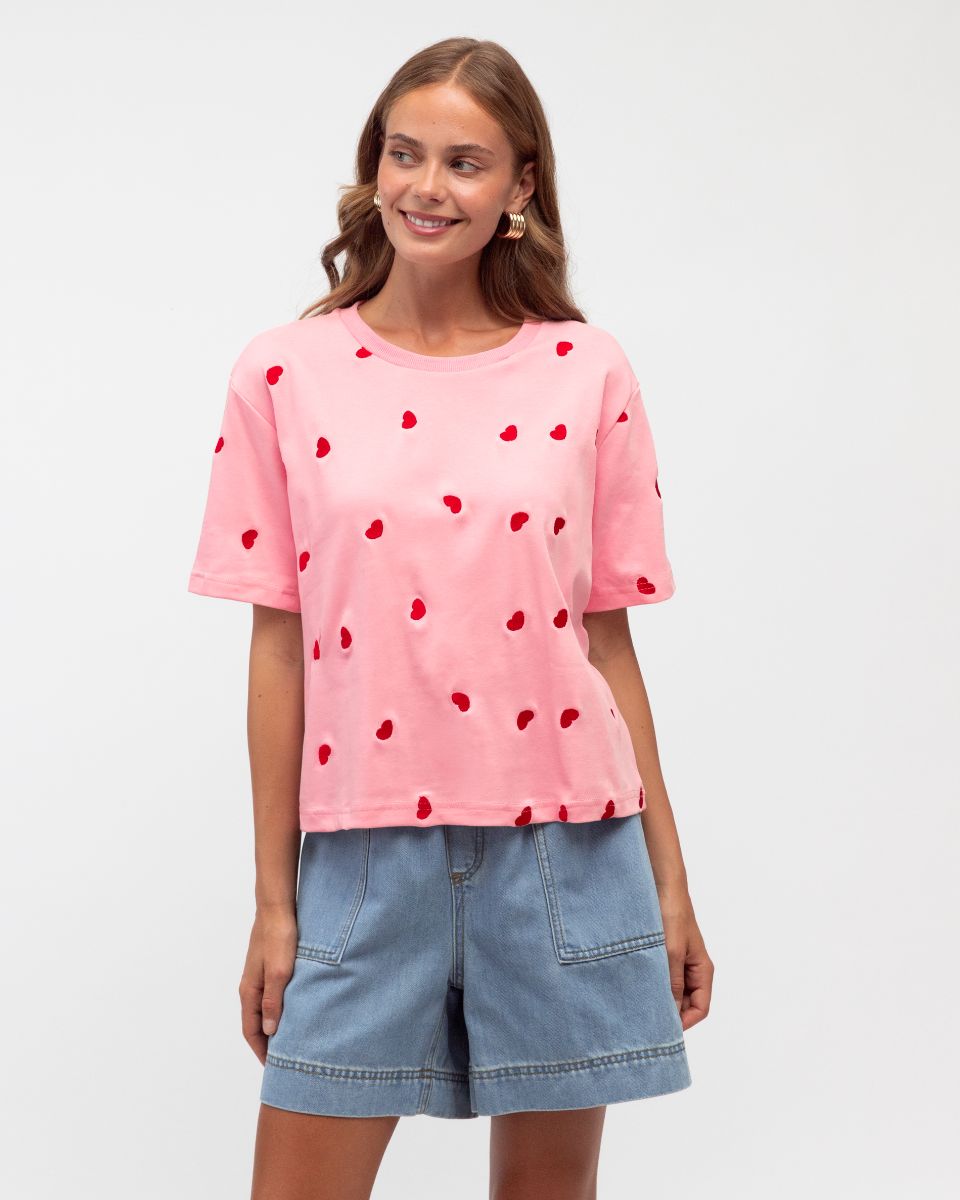 LOL70939PINK HEART EMBROIDERED TEE