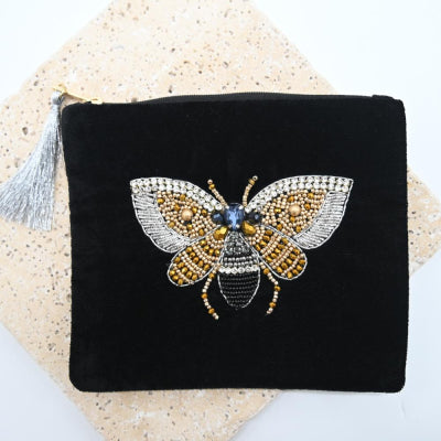 BEADED VELVET POUCH WITH BEE