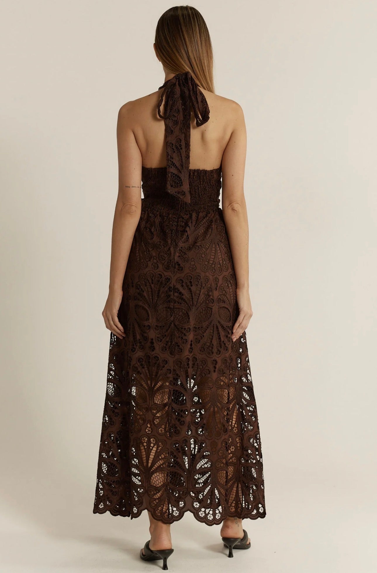 FATE & BECKER ELARA BRODERIE DRESS CHOCOLATE