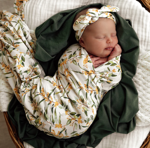 SNUGGLE HUNNY GOLDEN WATTLE ORGANIC JERSEY WRAP & TOPKNOT SET
