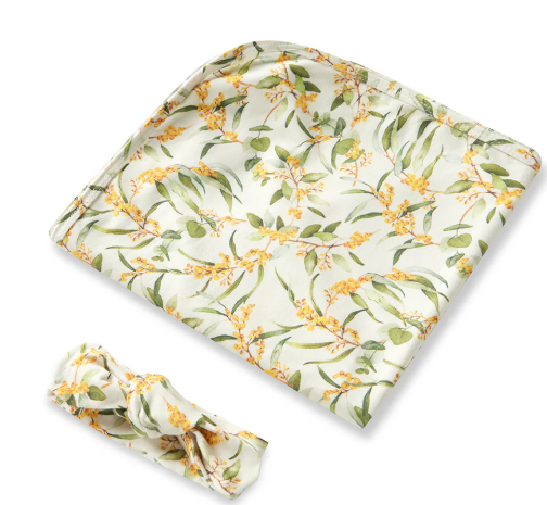 SNUGGLE HUNNY GOLDEN WATTLE ORGANIC JERSEY WRAP & TOPKNOT SET