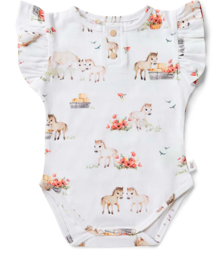SNUGGLE HUNNY PONY PALS SHORT SLEEVE ORGANIC BODYSUIT WITH FRILL