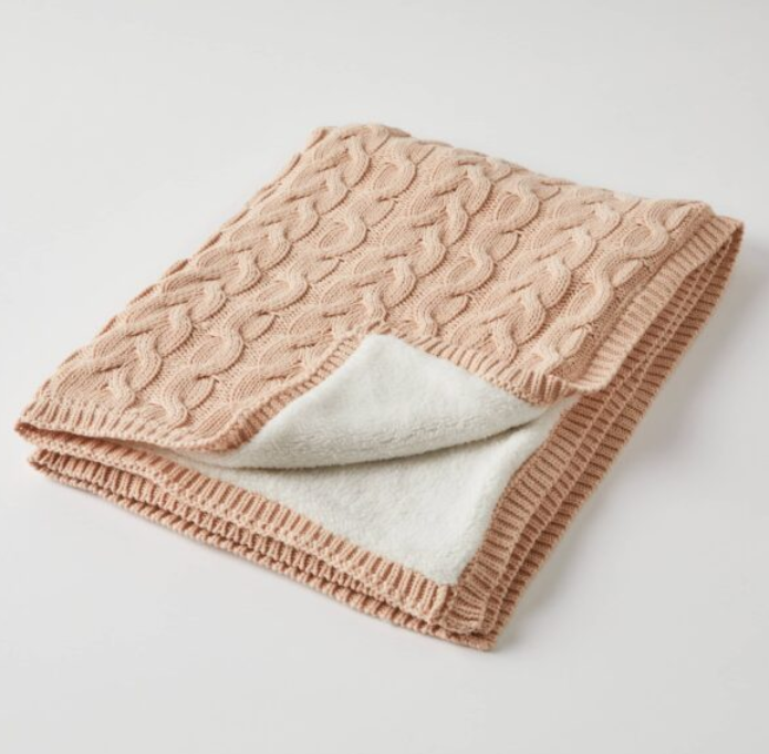 AURORA CABLE KNIT BABY BLANKET - PINK CLAY/CREAM