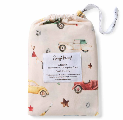 SNUGGLE HUNNY VINTAGE CARS BASSINET SHEET/CHANGE PAD COVER