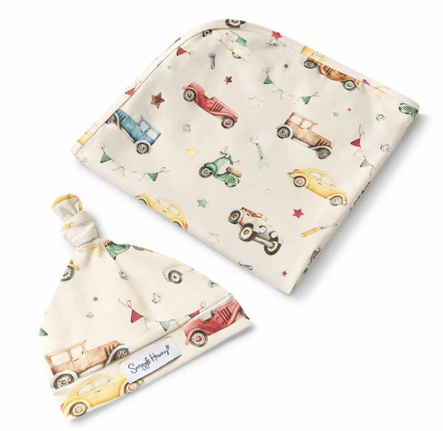 SNUGGLE HUNNY VINTAGE CARS JERSEY WRAP & BEANIE SET