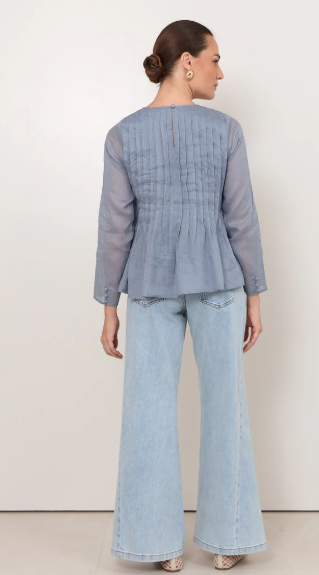 ADORNE CAMILLE LONG SLEEVE PLEATED TOP BLUE