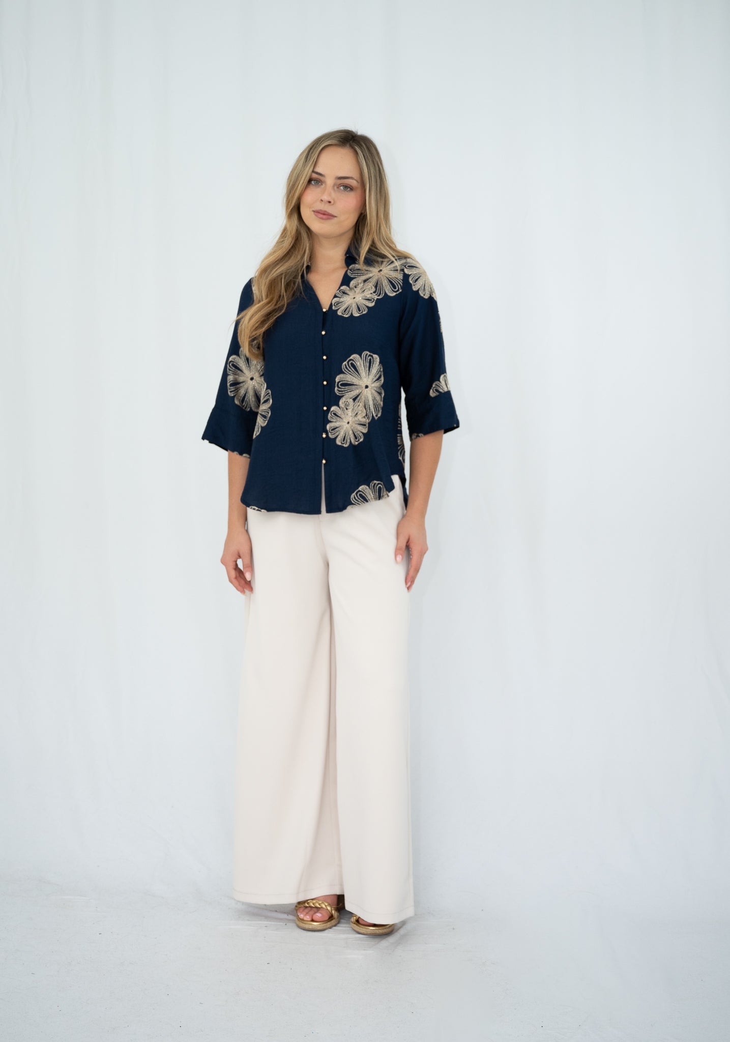 FRIA FLORAL GLITZ BLOUSE NAVY