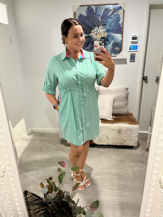 LABEL OF LOVE STELLA SHIRT DRESS GREEN STRIPE