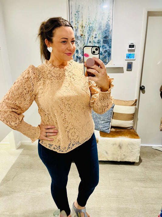 ADORNE OLIVIA LONG SLEEVE LACE TOP NUDE