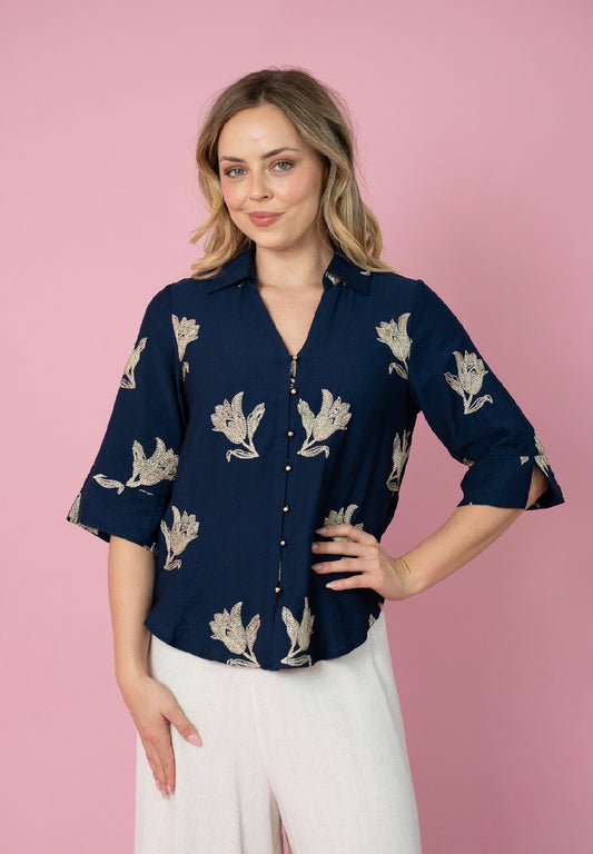 FRIA NAVY LEAF BLOUSE
