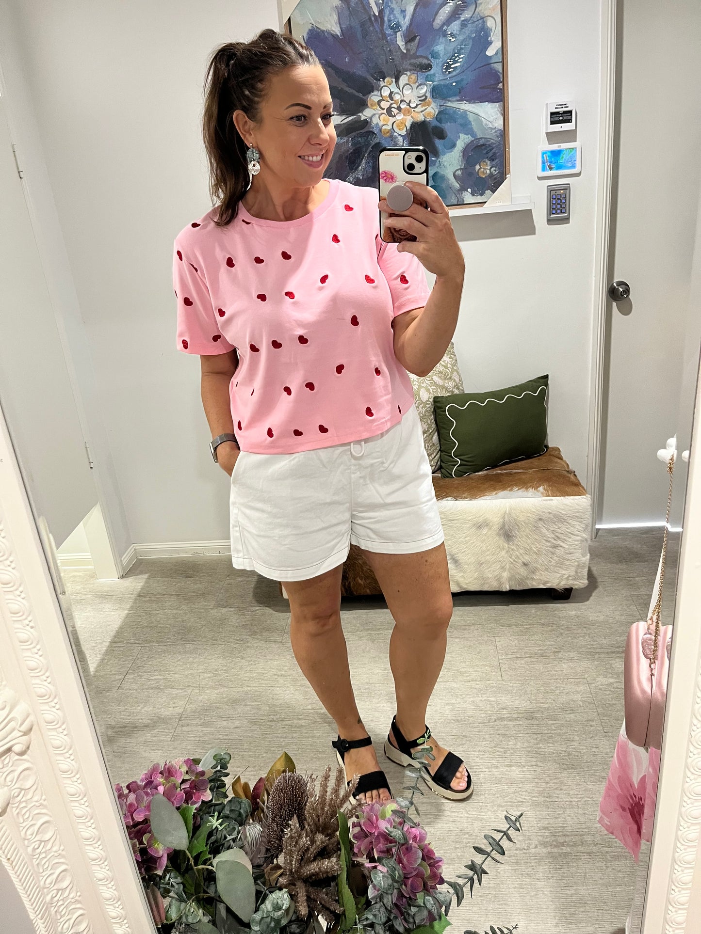 LOL70939PINK HEART EMBROIDERED TEE