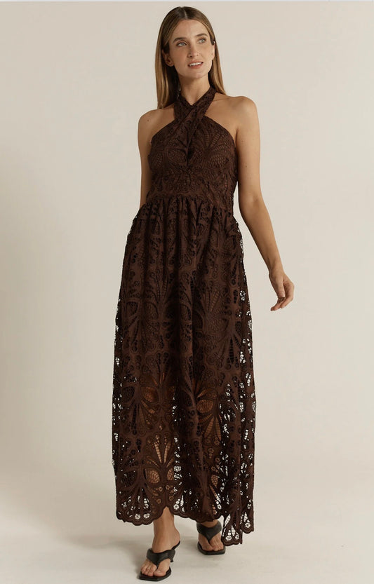 FATE & BECKER ELARA BRODERIE DRESS CHOCOLATE