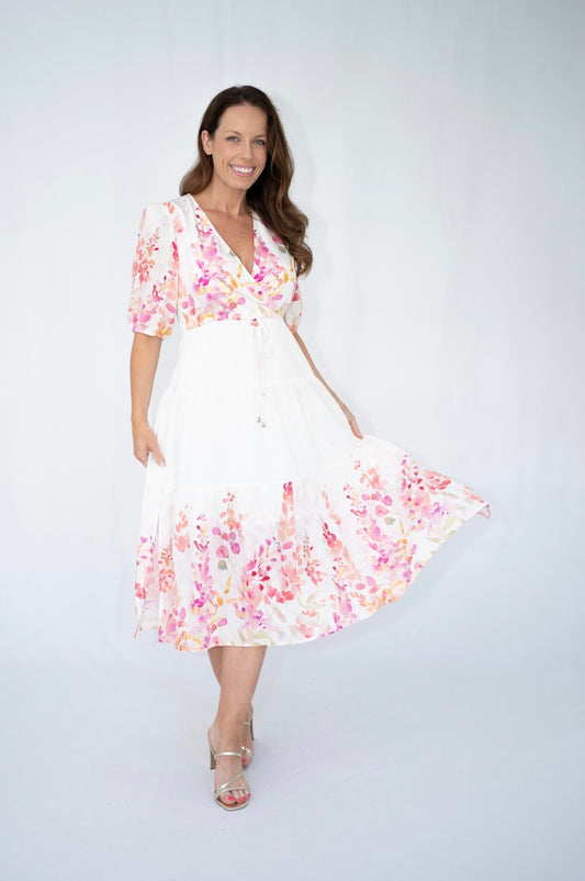 FRIA FLORAL WHITE MIDI DRESS