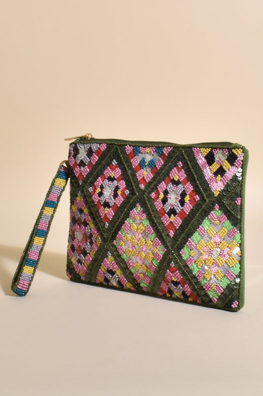 AVA-2649GREEMULT BEADED CLUTCH