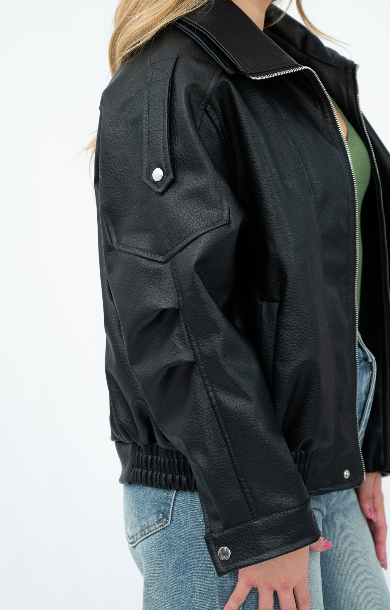 SURRI FAUX LEATHER BOMBER JACKET BLACK