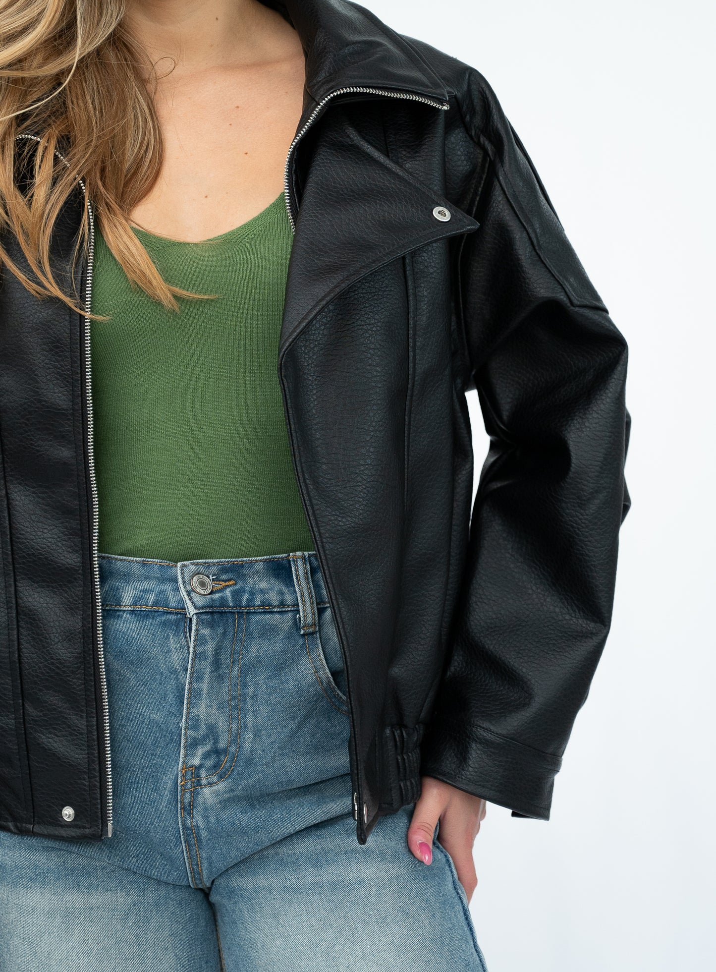 SURRI FAUX LEATHER BOMBER JACKET BLACK