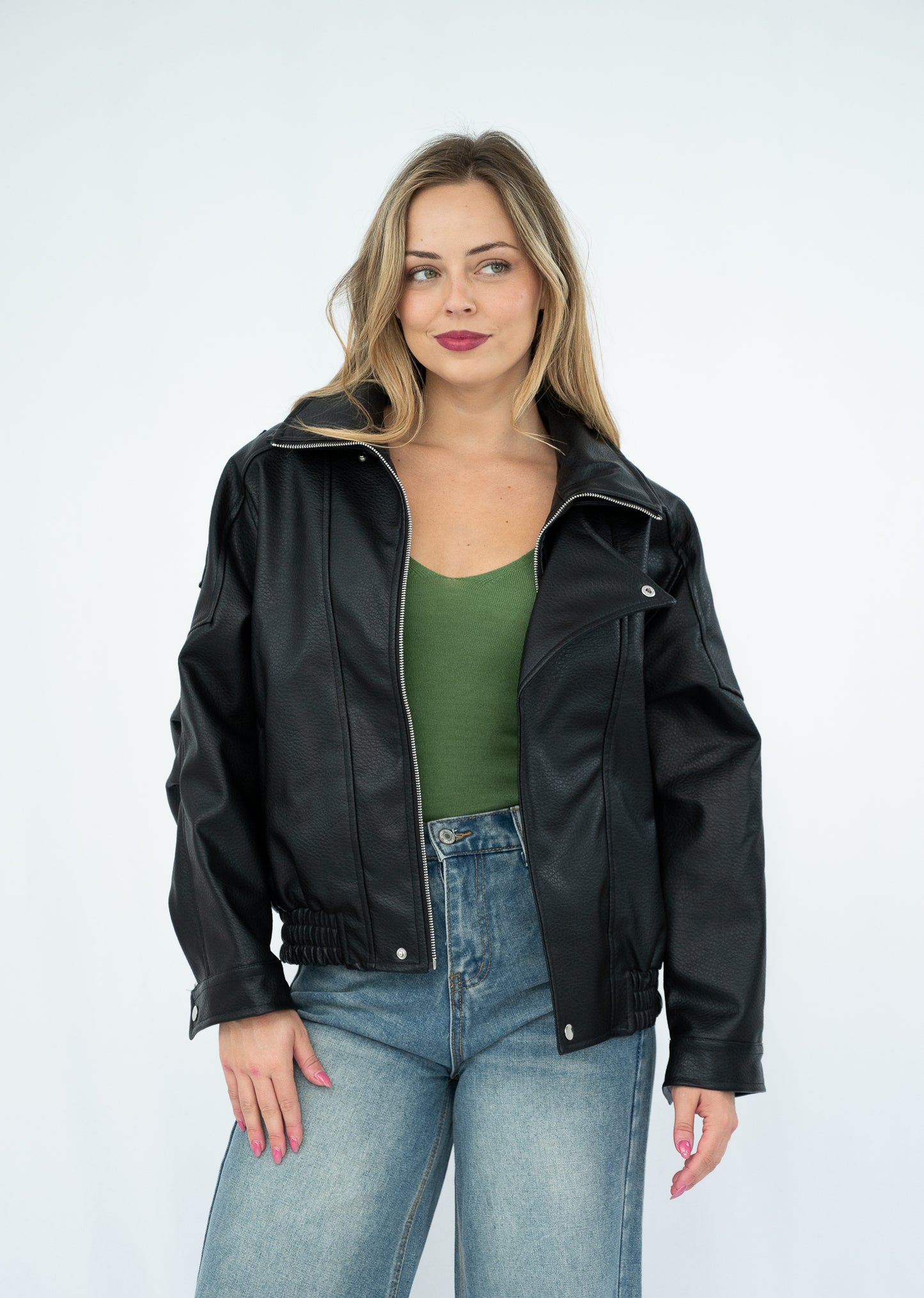 SURRI FAUX LEATHER BOMBER JACKET BLACK