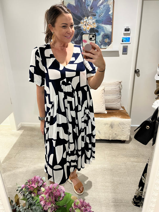 CINDY GEO DRESS NAVY/WHITE