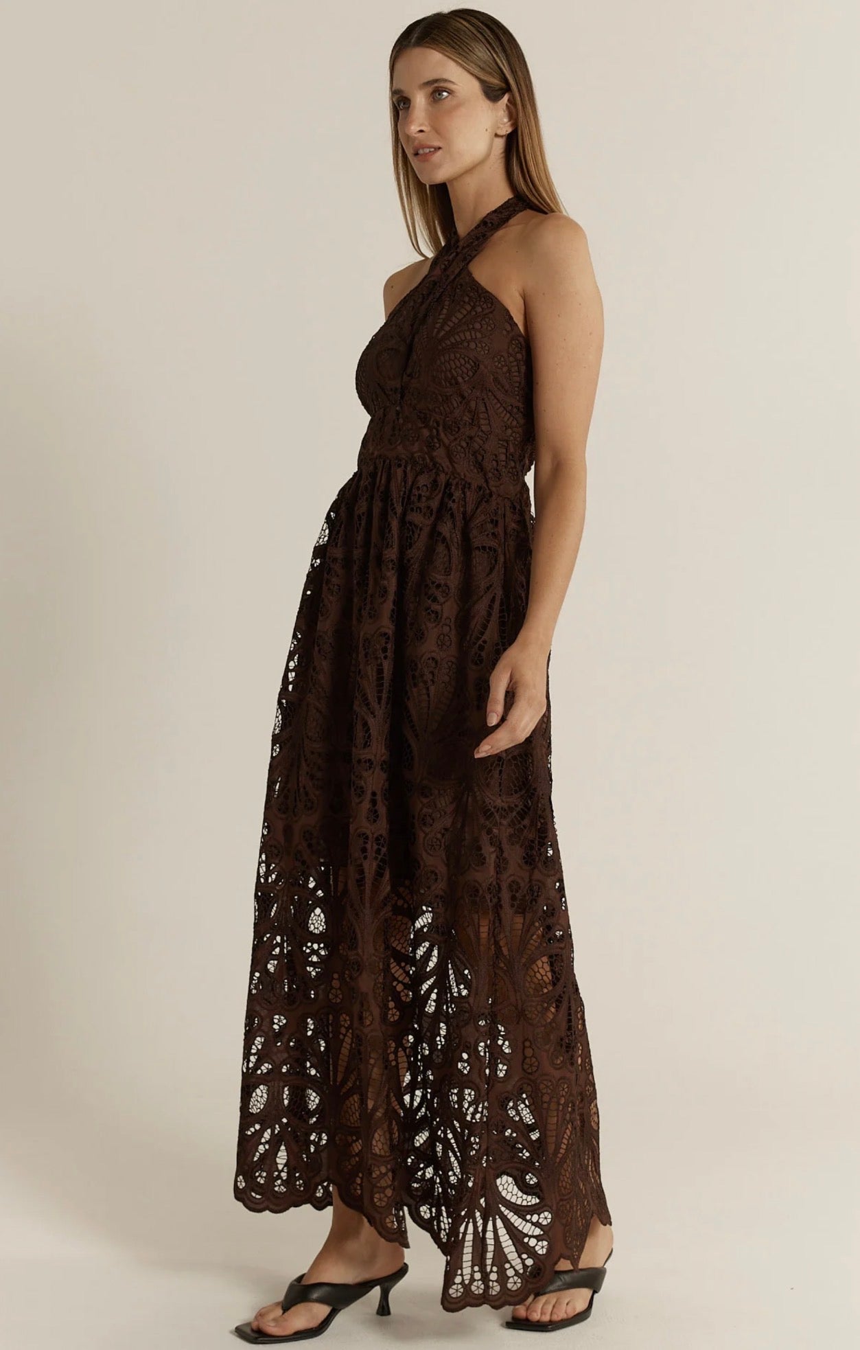 FATE & BECKER ELARA BRODERIE DRESS CHOCOLATE