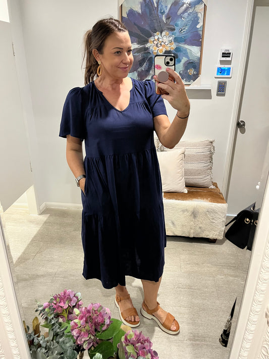 BETTY BASICS REGINA LINEN DRESS NAVY