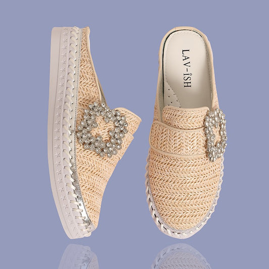 BEIGE LUNA LINEN SLIDES