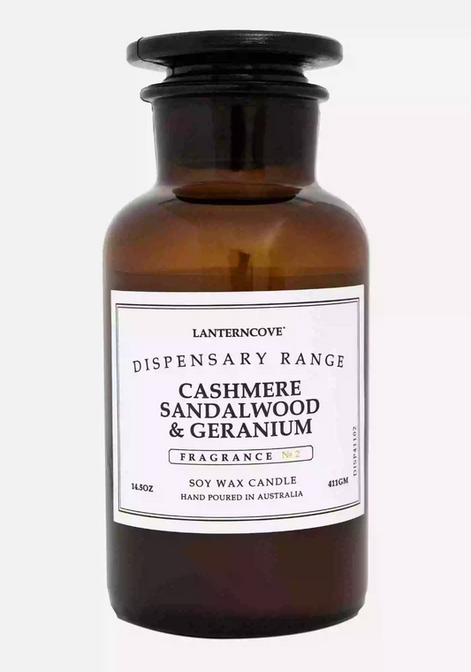 DISPENSARY CANDLE CASHMERE SANDALWOOD &GERANIUM 14.5OZ