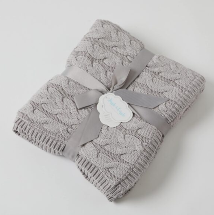 AURORA CABLE KNIT BABY BLANKET - SILVER/CREAM