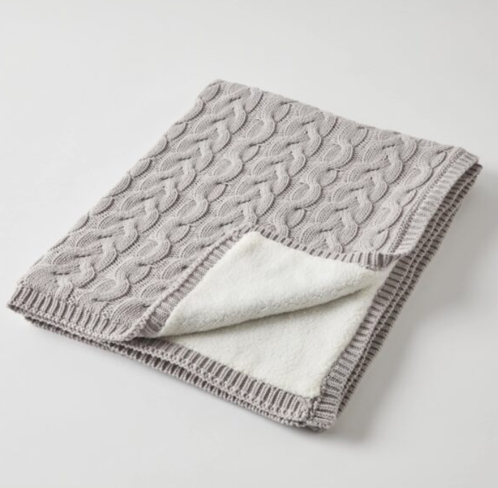 AURORA CABLE KNIT BABY BLANKET - SILVER/CREAM