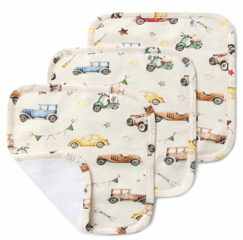 SNUGGLE HUNNY VINTAGE CARS ORGANIC WASH CLOTHS 3 PACK