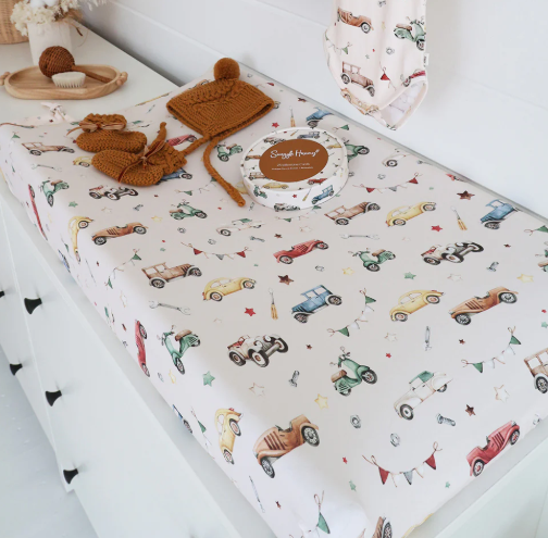 SNUGGLE HUNNY VINTAGE CARS BASSINET SHEET/CHANGE PAD COVER