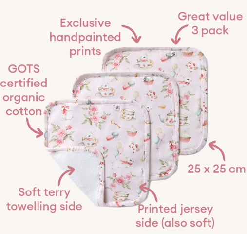 SNUGGLE HUNNY ALICE'S TEA PARTY WASH CLOTHS 3 PACK