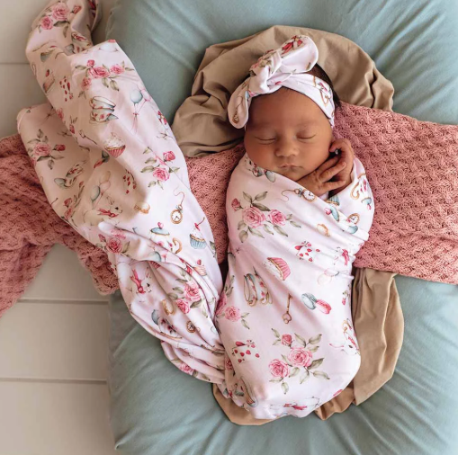 SNUGGLE HUNNY ALICE'S TEA PARTY JERSEY WRAP & TOPKNOT SET