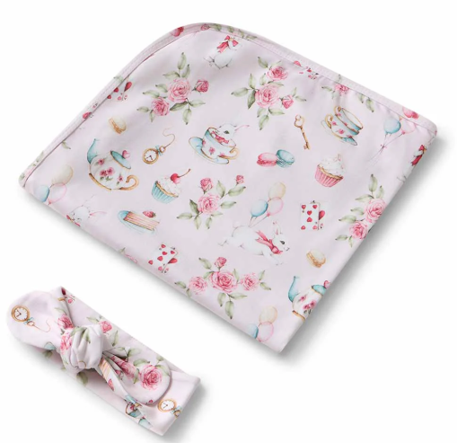 SNUGGLE HUNNY ALICE'S TEA PARTY JERSEY WRAP & TOPKNOT SET