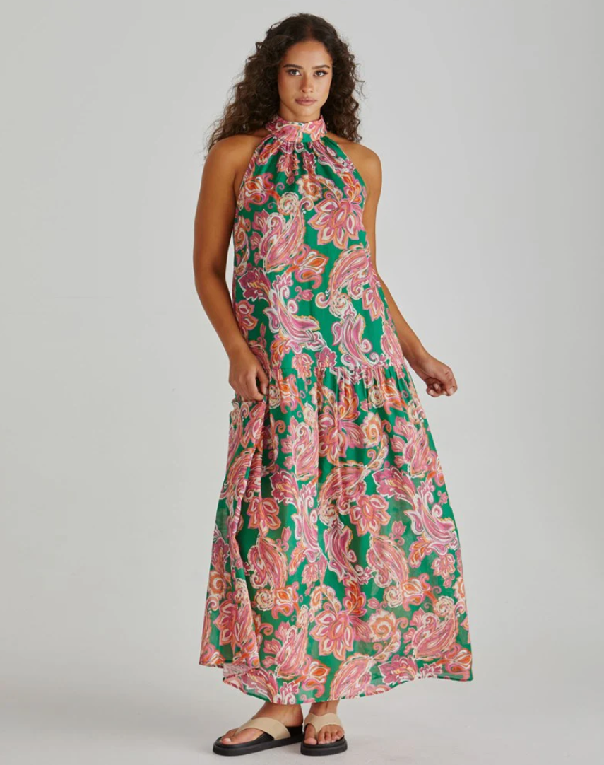 SASS MALIA HALTER DRESS PINK GREEN PAISLEY