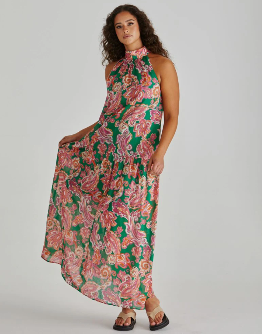 SASS MALIA HALTER DRESS PINK GREEN PAISLEY