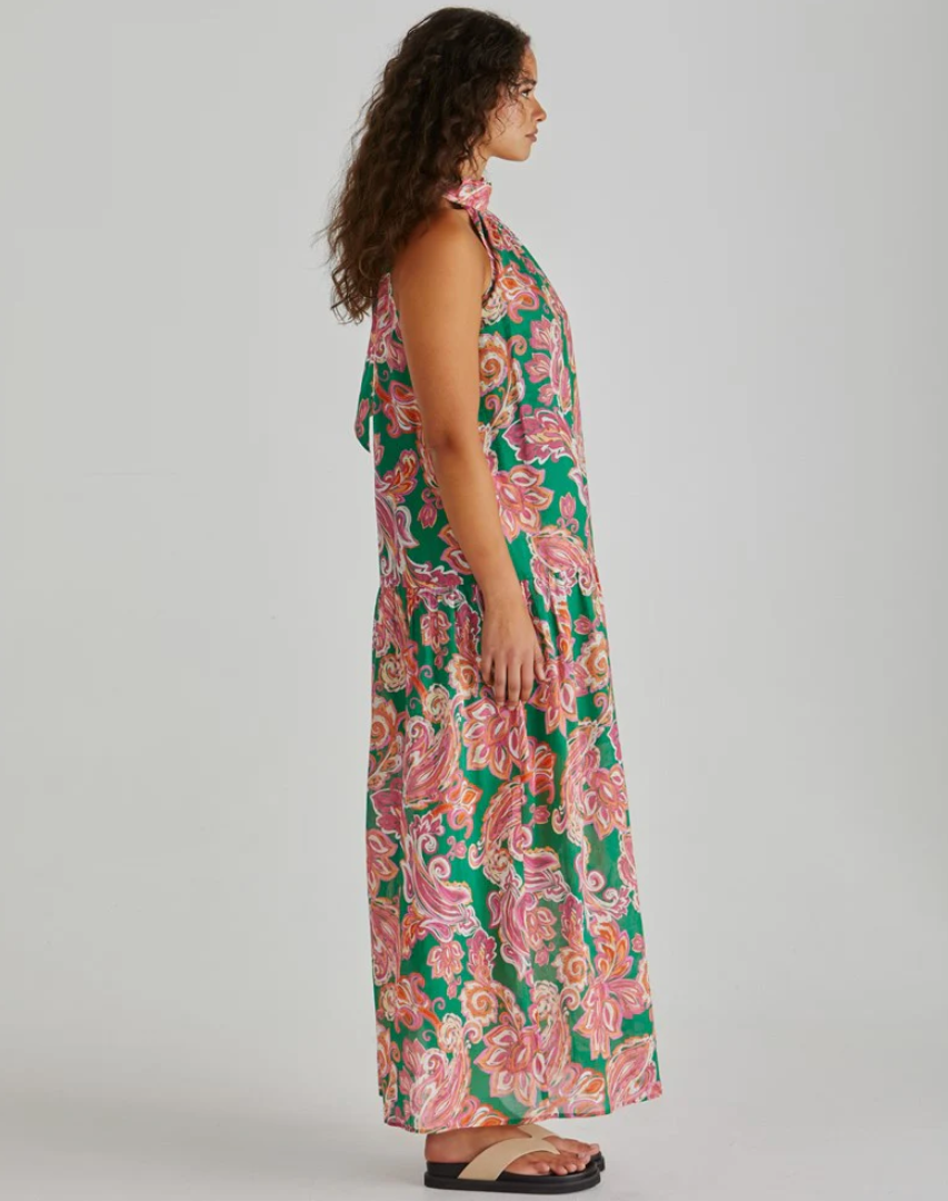 SASS MALIA HALTER DRESS PINK GREEN PAISLEY