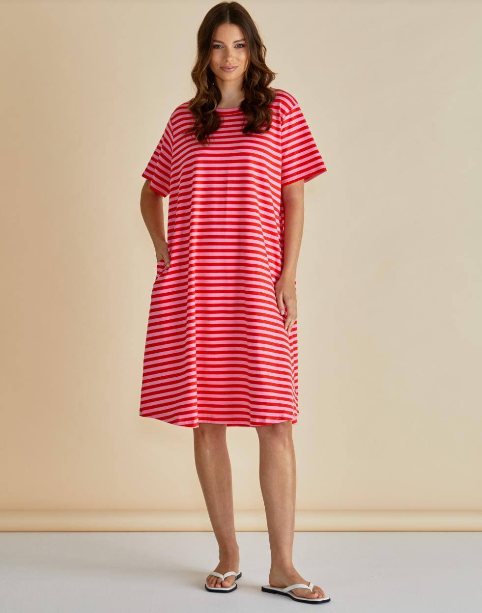 BETTY BASICS ELOISE T SHIRT DRESS PINK/ RED STRIPE