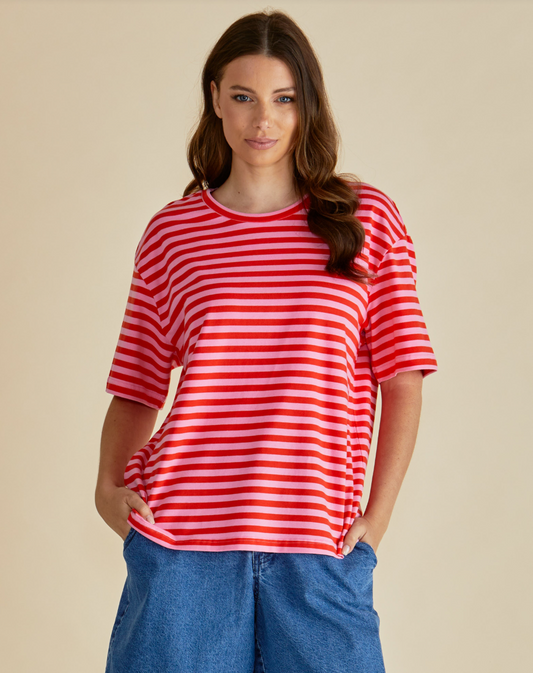 BETTY BASICS RELAX BOXY TEE PINK/ RED STRIPE