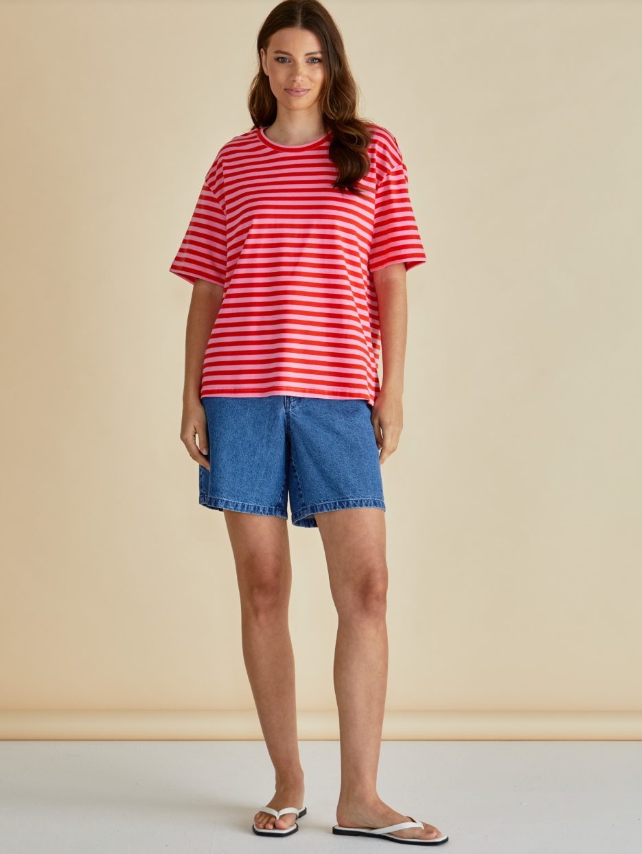 BETTY BASICS RELAX BOXY TEE PINK/ RED STRIPE
