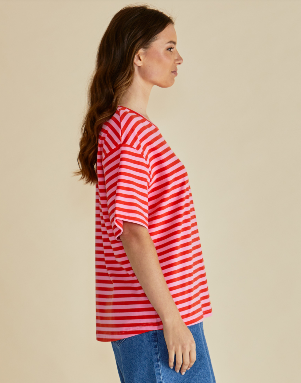 BETTY BASICS RELAX BOXY TEE PINK/ RED STRIPE