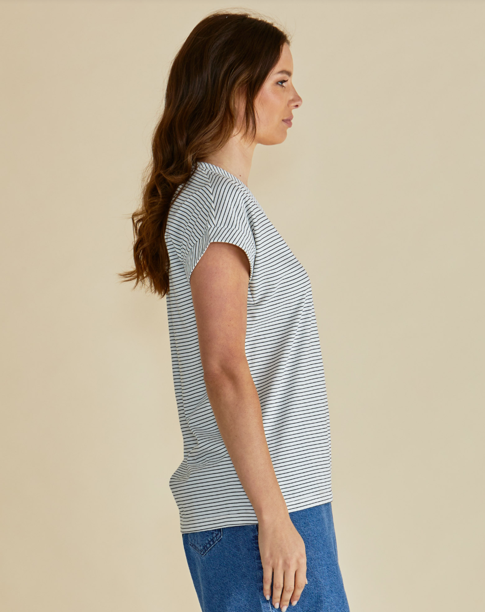 BETTY BASICS TRACY V NECK TEE BLACK/ WHITE STRIPE