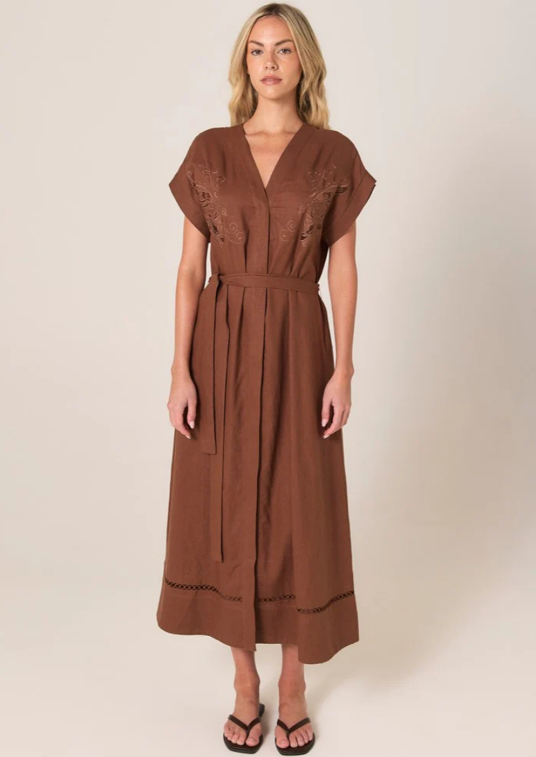 FATE & BECKER AVEN EMBROIDERED DRESS CINNAMON