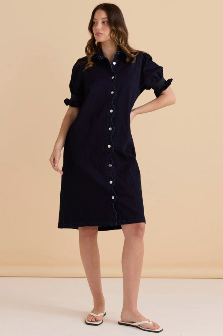 BETTY BASICS SCALLOP DENIM DRESS