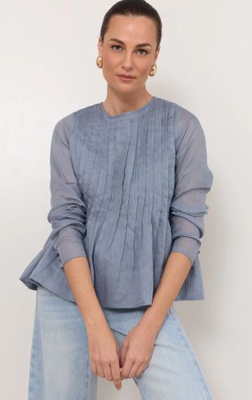 ADORNE CAMILLE LONG SLEEVE PLEATED TOP BLUE