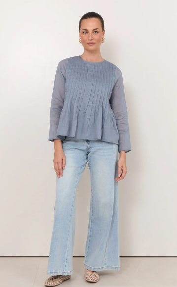 ADORNE CAMILLE LONG SLEEVE PLEATED TOP BLUE