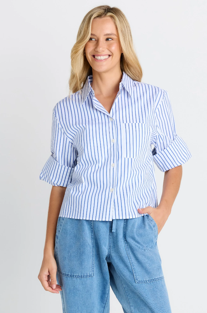 BETTY BASICS CROPPED POPLIN SHIRT BLUE STRIPE