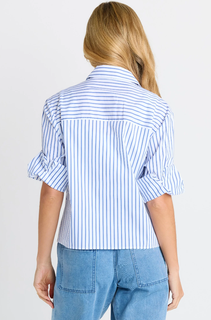 BETTY BASICS CROPPED POPLIN SHIRT BLUE STRIPE