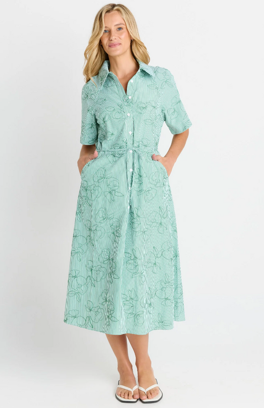 BETTY BASICS SHELLEY DRESS GREEN STRIPE