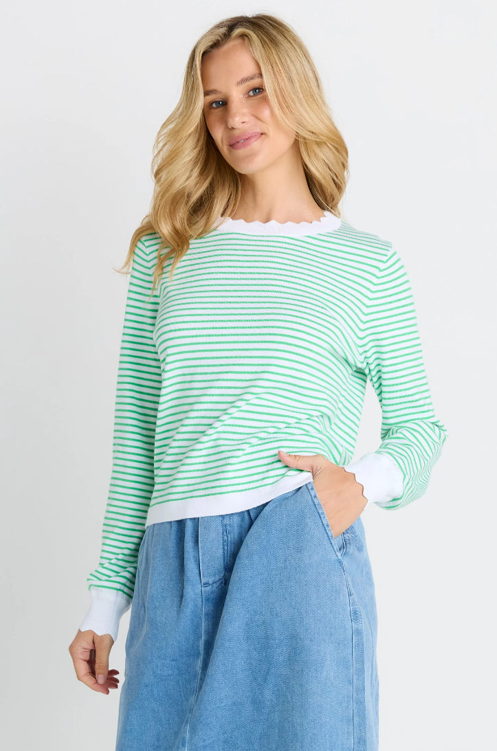 BETTY BASICS SCALLOP KNIT SWEATER GREEN STRIPE