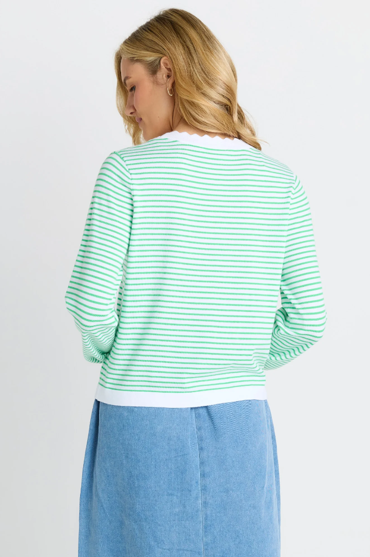 BETTY BASICS SCALLOP KNIT SWEATER GREEN STRIPE